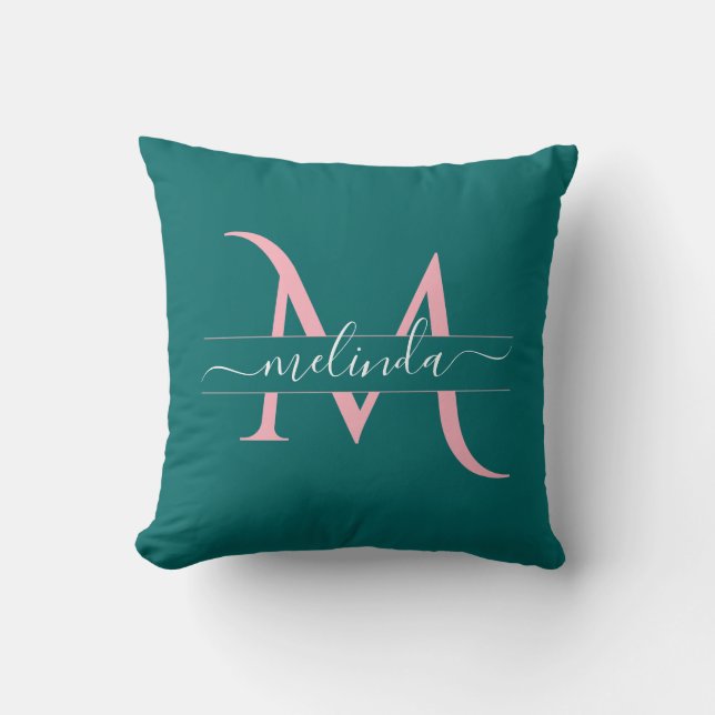 Teal Blue Girly Pink Custom Monogram Personalzied Throw Pillow (Front)