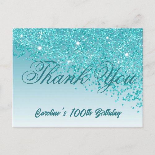 Teal Blue Glitter 100th Birthday Thank You Postcard