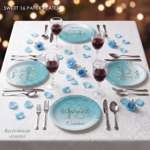 Teal Blue Glitter, 16 Glitter, Sweet 16 Birthday Paper Plates
