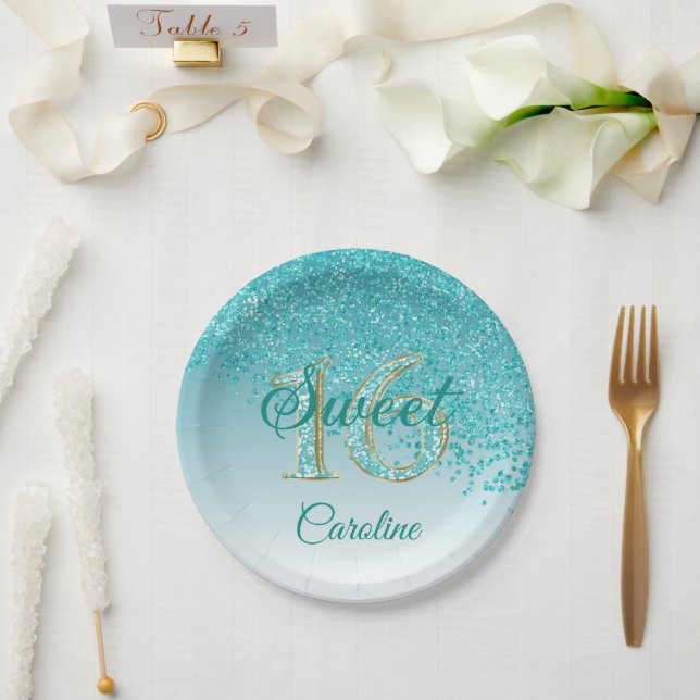 Teal Blue Glitter, 16 Glitter, Sweet 16 Birthday Paper Plates (Wedding)