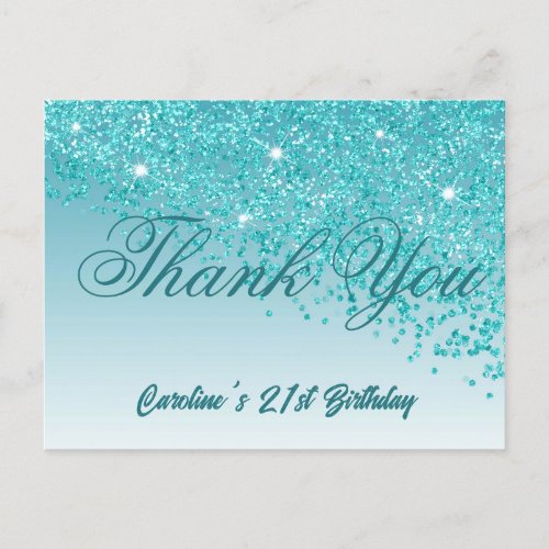 Teal Blue Glitter 21st Birthday Thank You Postcard