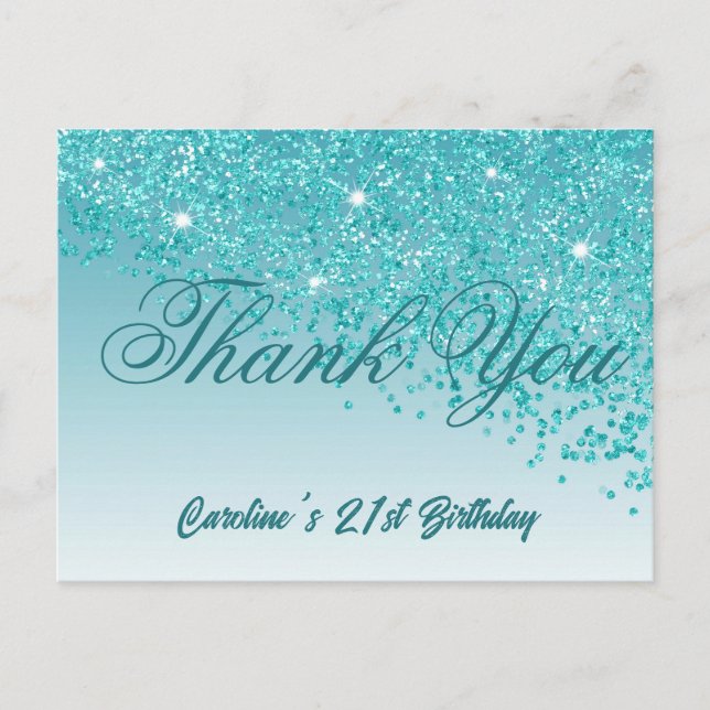 Teal Blue Glitter, 21st Birthday Thank You Postcard (Front)