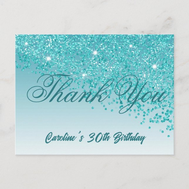 Teal Blue Glitter, 30th Birthday Thank You Postcard (Front)