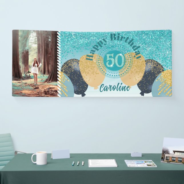 Teal Blue Glitter 50th Birthday & Balloons  Banner (Tradeshow)