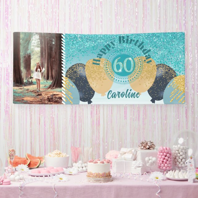 Teal Blue Glitter 60th Birthday & Balloons  Banner (Party)