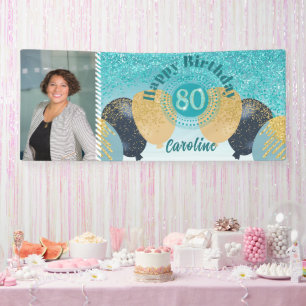 Teal Blue Glitter 80th Birthday & Balloons Banner