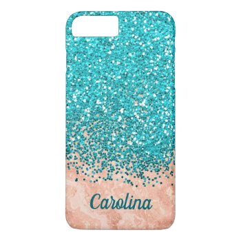 Teal Blue Glitter And Orange Marble  Personalized Iphone 8 Plus/7 Plus Case by CoolestPhoneCases at Zazzle