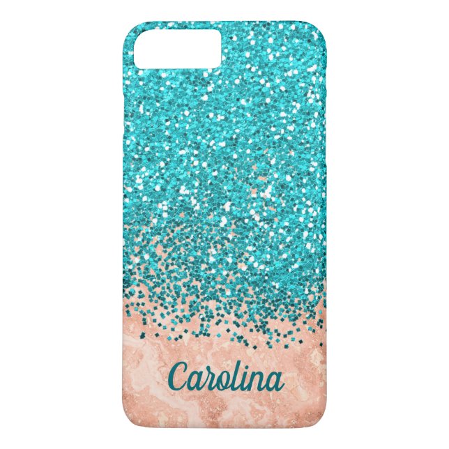 Teal Blue Glitter and Orange Marble, Personalized Case-Mate iPhone Case (Back)