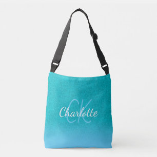Teal blue glitter aqua green monogram initials crossbody bag