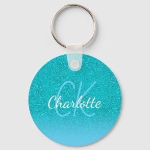 Teal blue glitter aqua green monogram initials keychain