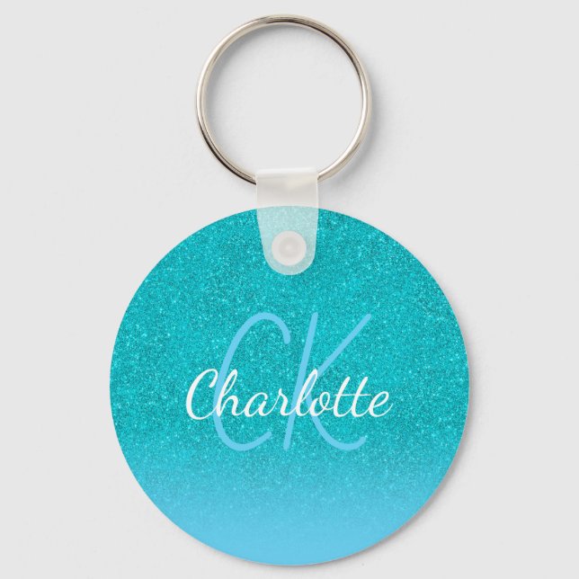 Teal blue glitter aqua green monogram initials keychain (Front)