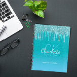 Teal blue glitter aqua green name planner<br><div class="desc">A teal,  blue sea,  ocean green glitter gradient background. Decorated with faux glitter drips,  paint dripping look. Personalize and add a name,  monogram letters and a title/year. A modern hand lettered style script,  white and blue letters</div>