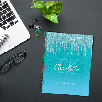 Teal Blue Glitter Aqua Green Name Planner by EllenMariesParty at Zazzle