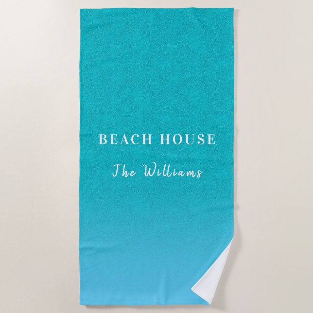 Teal blue glitter aqua sea green beach house name beach towel (Front)