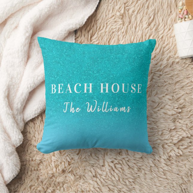 Teal blue glitter aqua sea green beach house name throw pillow (Blanket)