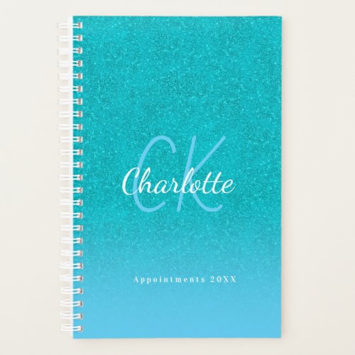 Teal blue glitter aqua sea green monogram 2023 planner