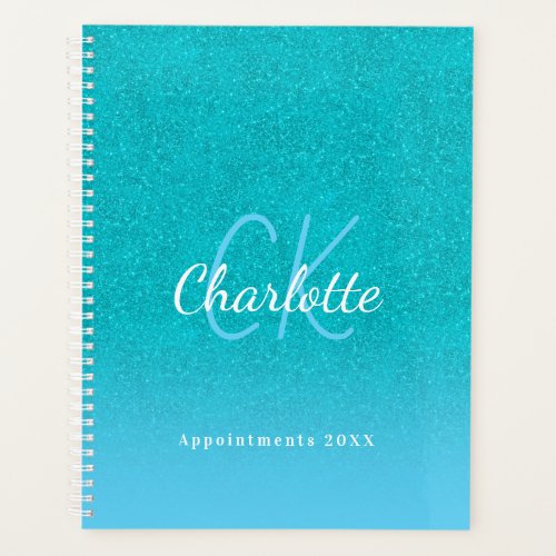 Teal blue glitter aqua sea green monogram 2024 planner