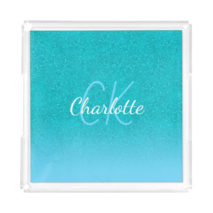 Teal blue glitter aqua sea green monogram bath acrylic tray