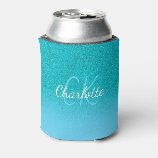 Teal blue glitter aqua sea green monogram  can cooler (Can Back)