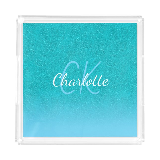 Teal blue glitter aqua sea green monogram initials acrylic tray (Front)