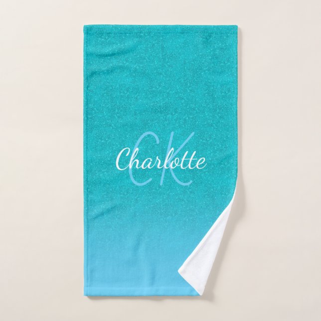 Teal blue glitter aqua sea green monogram initials hand towel  (Hand Towel)