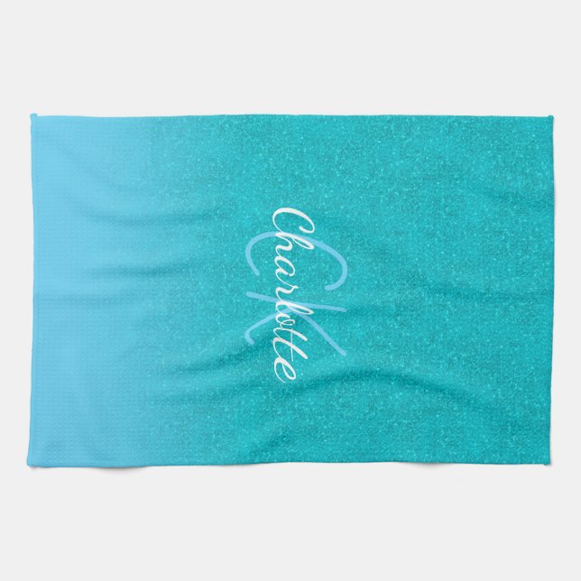 Teal blue glitter aqua sea green monogram initials kitchen towel (Horizontal)