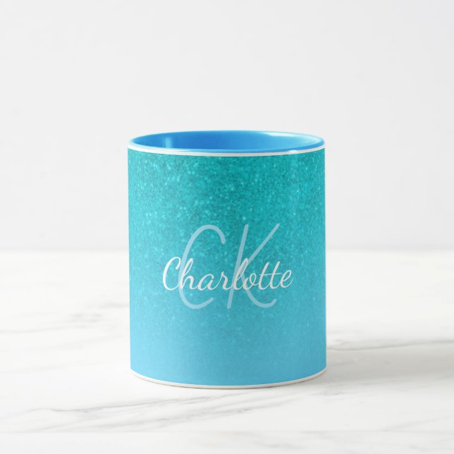 Teal blue glitter aqua sea green monogram initials mug (Center)