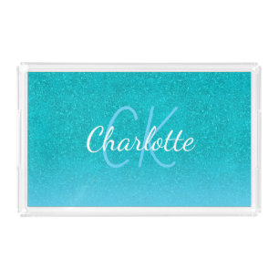Teal blue glitter aqua sea green monogram name acrylic tray