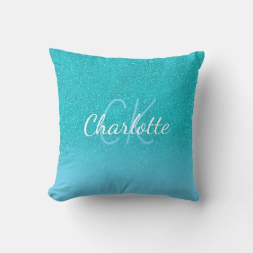 Teal blue glitter aqua sea green monogram outdoor pillow