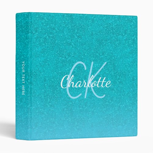 Teal blue glitter aqua sea green monogram school 3 ring binder