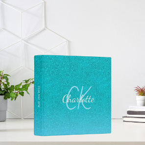 Teal blue glitter aqua sea green monogram school 3 ring binder