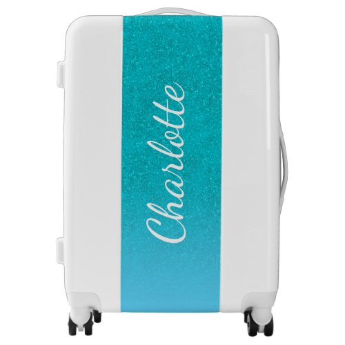 Teal blue glitter aqua sea green monogram script luggage