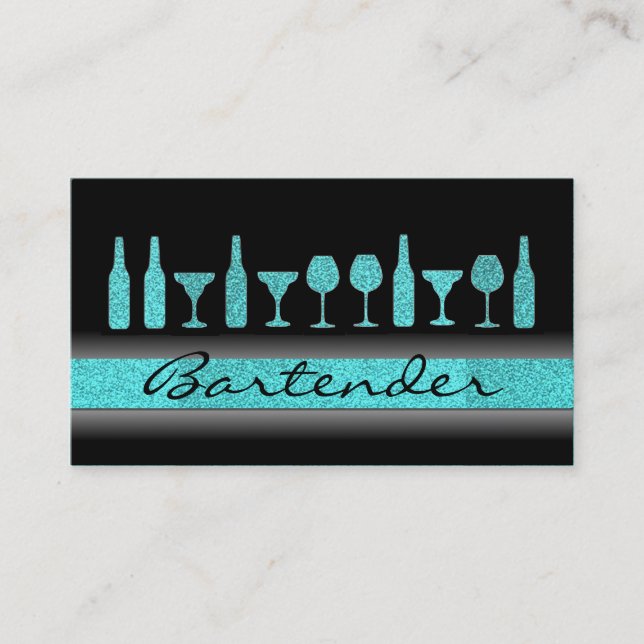Teal blue glitter bartender drinks business card (Front)