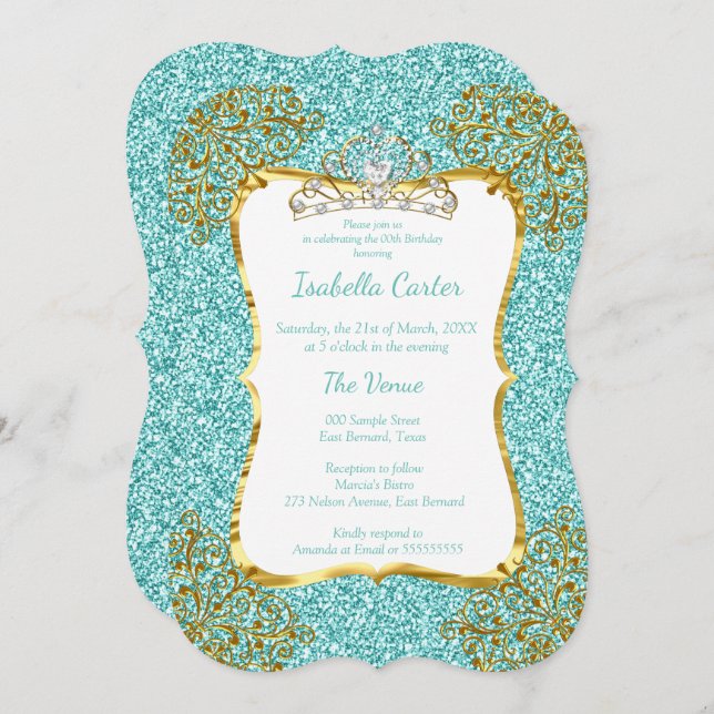 Teal Blue Glitter Birthday Party Gold White Tiara Invitation (Front/Back)