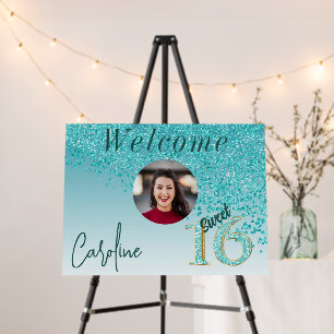 Teal Blue Glitter & Custom Photo Sweet 16 Birthday Foam Board