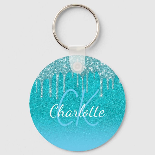 Teal blue glitter drips aqua green monogram  keychain (Front)