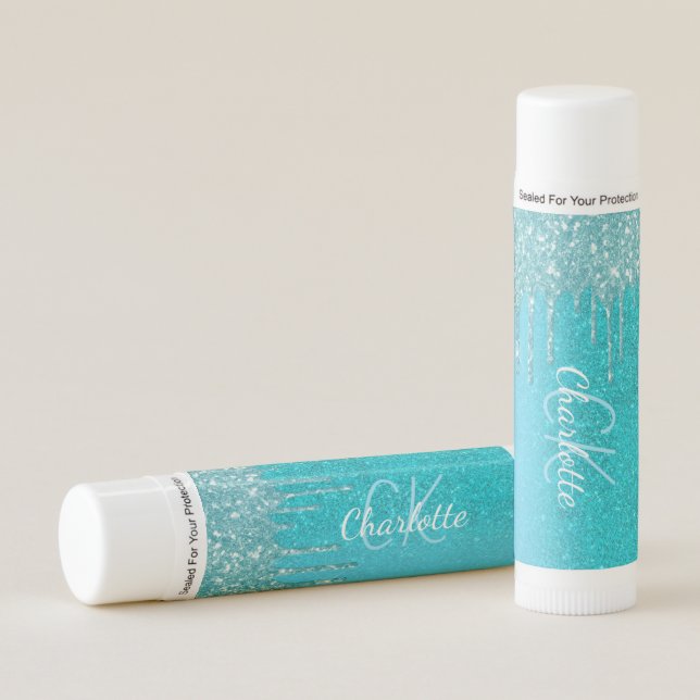 Teal blue glitter drips aqua green monogram lip balm (Front)