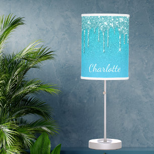 Teal blue glitter drips aqua sea green monogram table lamp