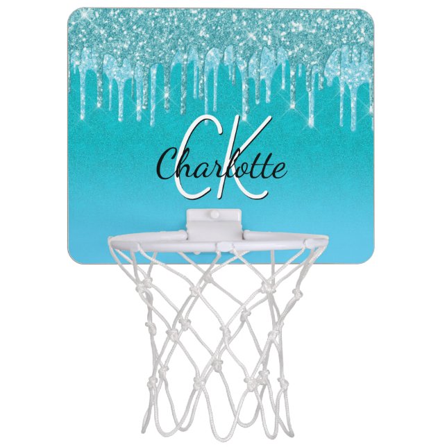 Teal blue glitter drips custom monogram sparkle mini basketball hoop (Front)