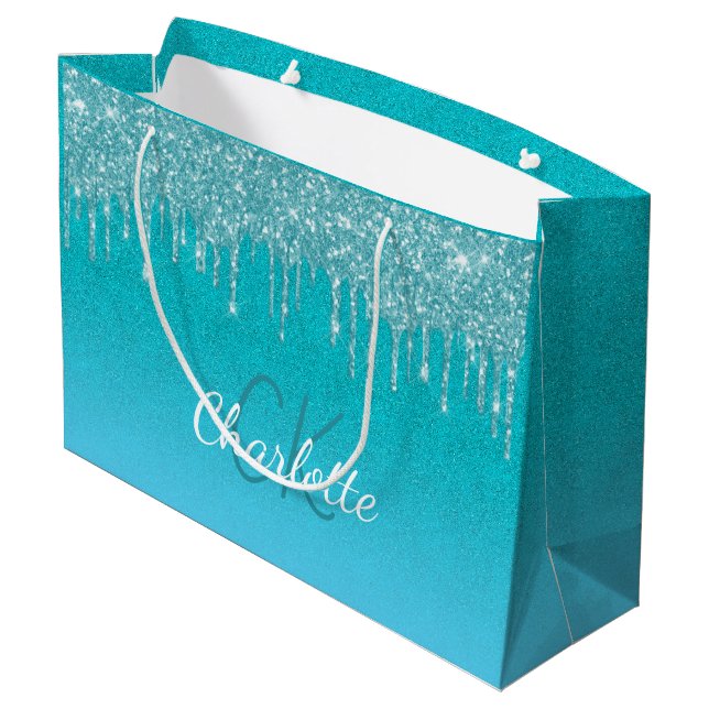 Teal blue glitter drips monogram sparkle script large gift bag (Back Angled)