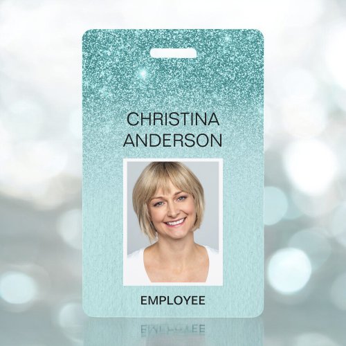 Teal Blue Glitter Employee Name Photo Corporate Badge