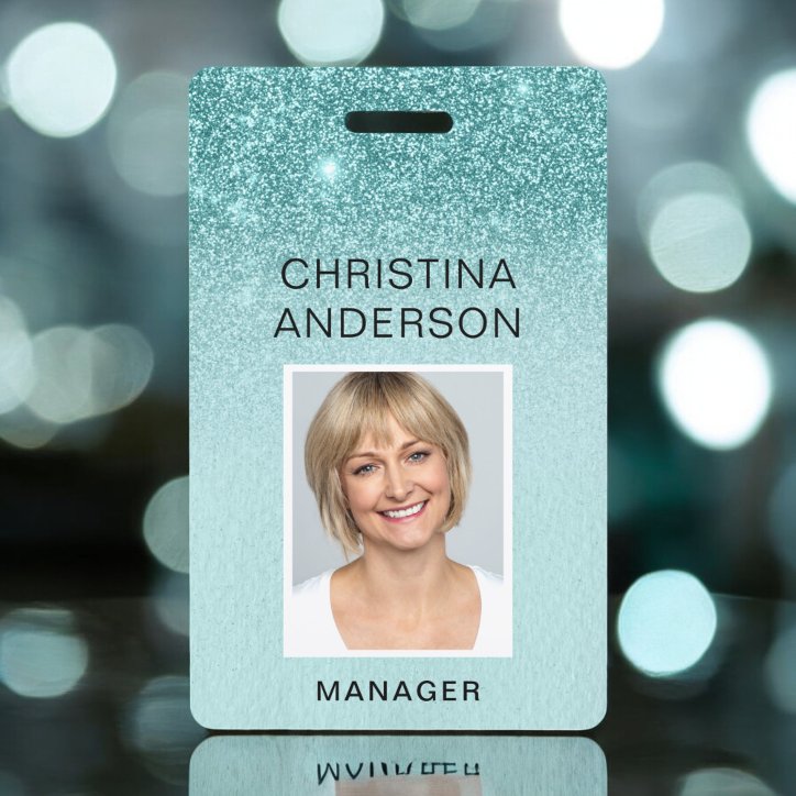 Teal Blue Glitter Employee Name Photo Corporate Badge
