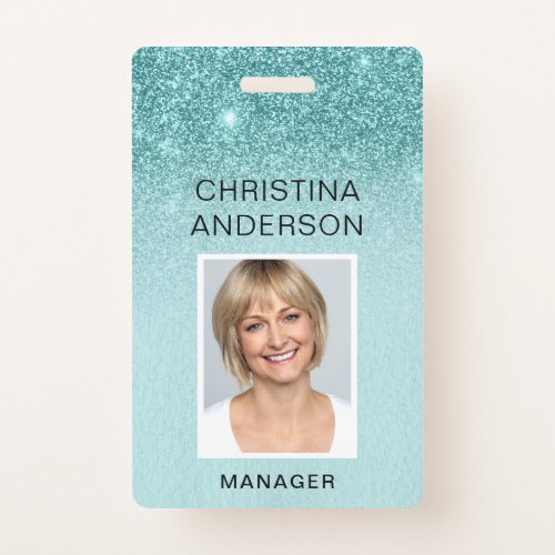 Teal Blue Glitter Employee Name Photo Corporate Badge