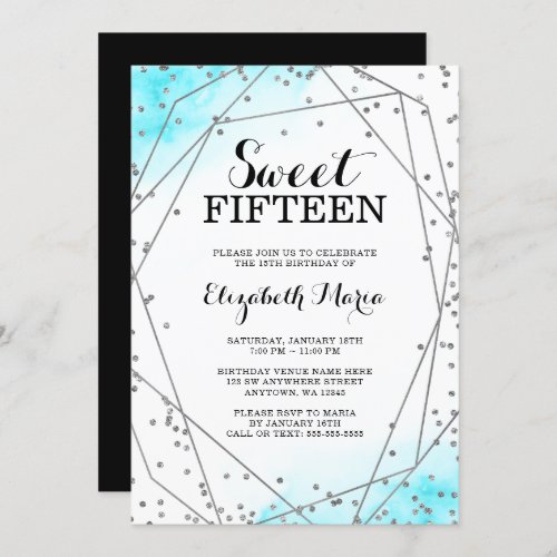 Teal Blue Glitter Geometric Sweet 15 Quinceaera Invitation