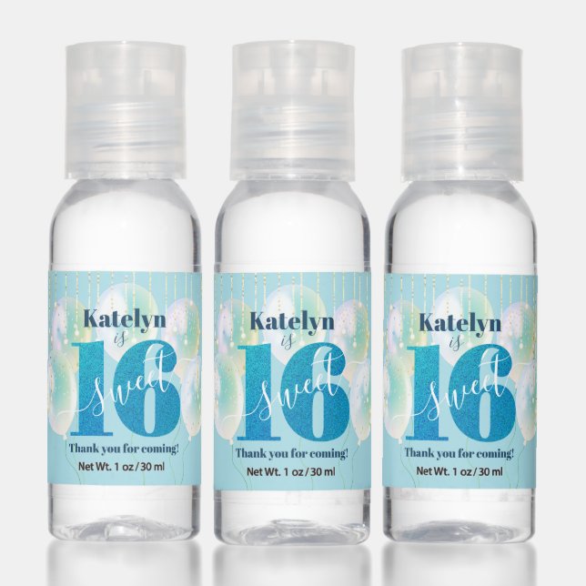 Teal Blue Glitter Girly Sweet 16 Birthday Balloons Hand Sanitizer (Set)