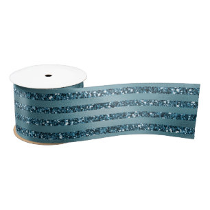 Teal Blue Glitter Glam Stripes     Satin Ribbon