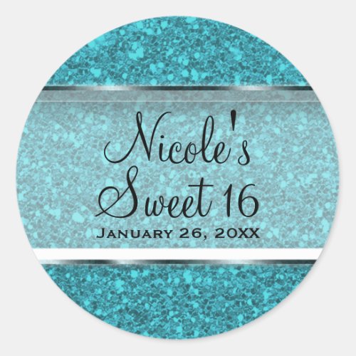 Teal Blue Glitter Glam Sweet 16 Custom Party Favor Classic Round Sticker