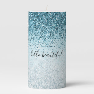 Teal Blue Glitter Glitz sparkle glam Pillar Candle