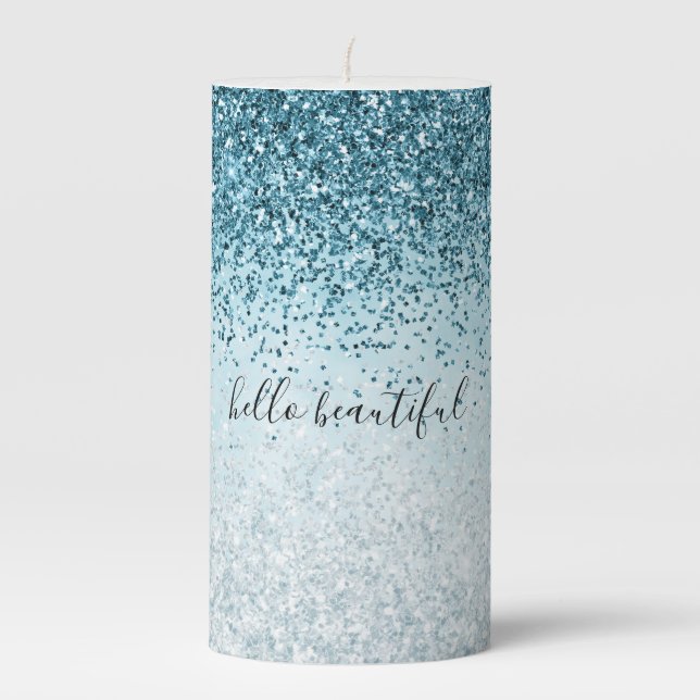 Teal Blue Glitter Glitz sparkle glam Pillar Candle (Front)