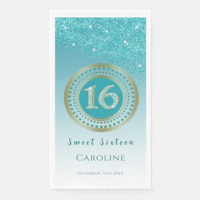 Teal Blue Glitter & Gold Sweet 16 Monogrammed   Paper Guest Towels (Front)